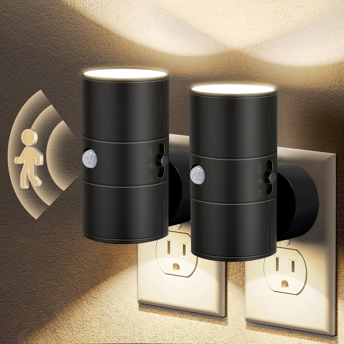 Plug-In Night Light | Motion Sensor LED Wall Light for Hallway, Landing, Bedroom & Nursery | Warm White, Black or White, Single or Twin Pack, UK Plug