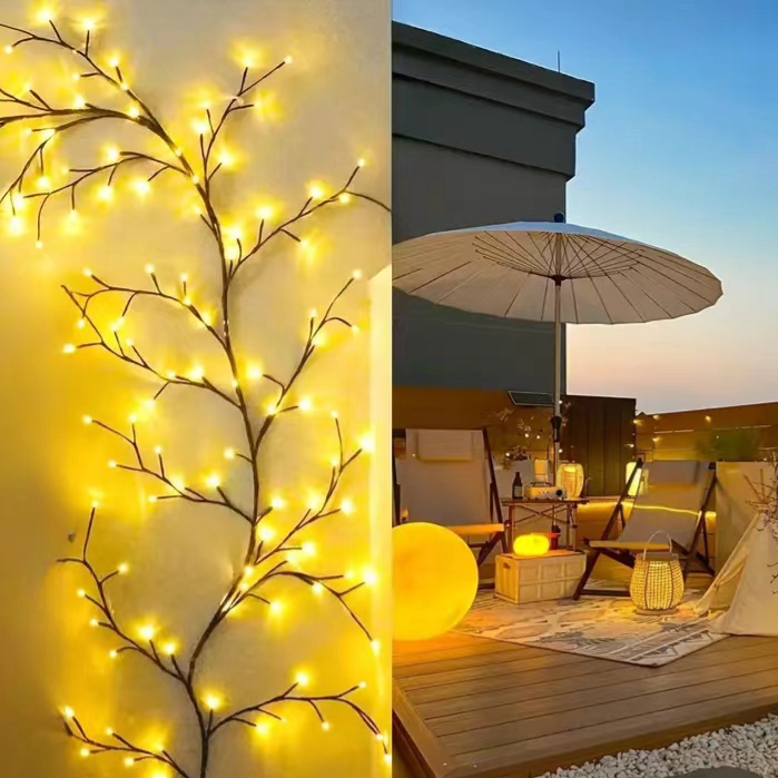 LED rattan twig lights wound round a balcony post at dusk