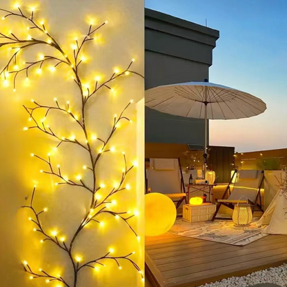LED rattan twig lights wound round a balcony post at dusk