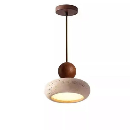 Pendant Light | Travertine Stone Saucer Lamp for Bedside, Hallway & Kitchen | Japandi Wabi Sabi, Walnut or Natural Wood, Warm or 3-Colour LED, 15cm