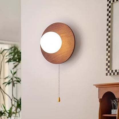 Wall Light | Walnut-Finish Wood Disc Sconce with Pull Cord Switch for Bedside, Hallway & Reading Nook | Opal Glass Globe, Warm LED, 20cm