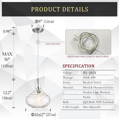 Pendant Light | Hammered Glass Gourd Lamp for Kitchen Island, Dining Table & Hallway | Clear Ripple Glass, Brushed Nickel, E27, 27cm, 120cm Cord