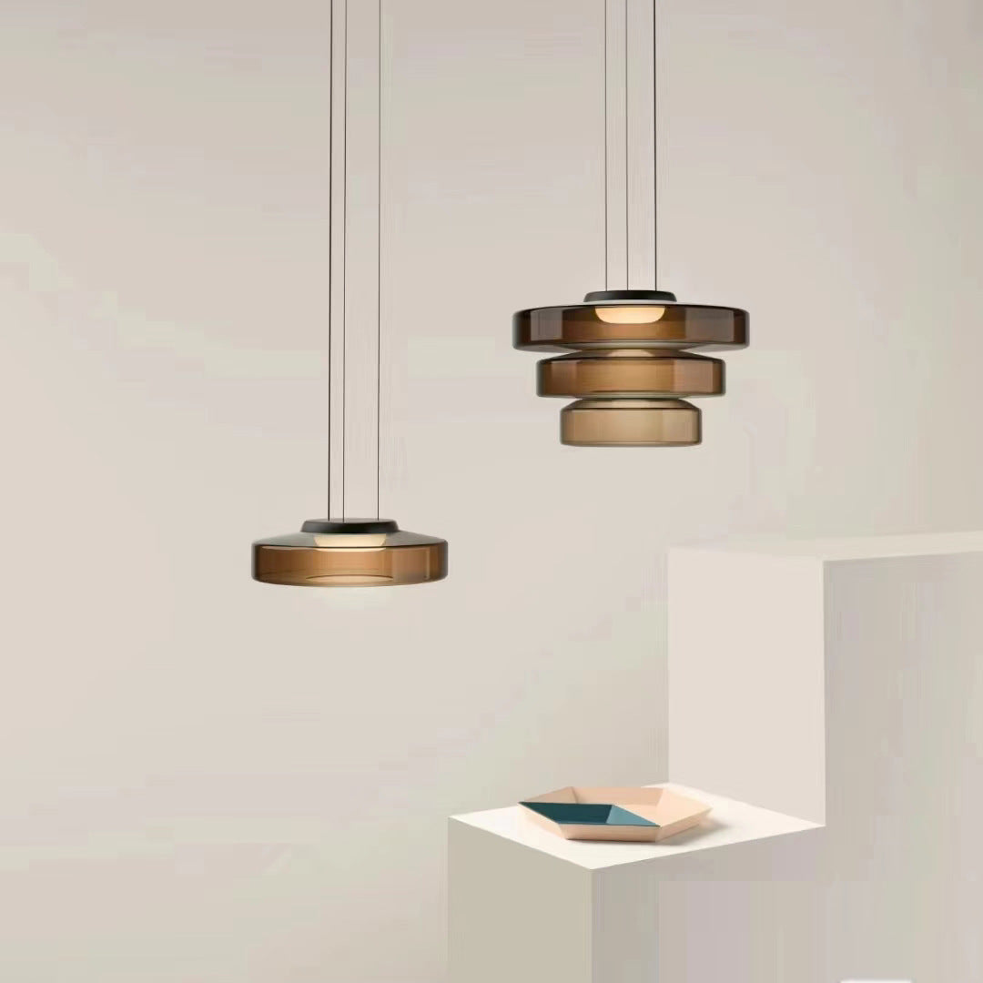 Pendant Light | Coloured Glass Drum Lamp for Dining Table, Kitchen Island & Bedroom | Nordic Ring, Amber, Smoke Grey or Green, 25–45cm, 2 or 3 Tiers