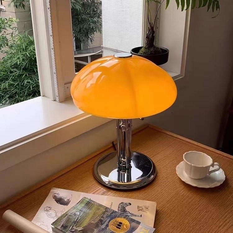 Mushroom Table Lamp | Retro Amber Glass Bedside Lamp with Chrome Stand for Bedroom, Living Room & Study | 30cm LED, Warm or 3-Colour, Dimmer Option