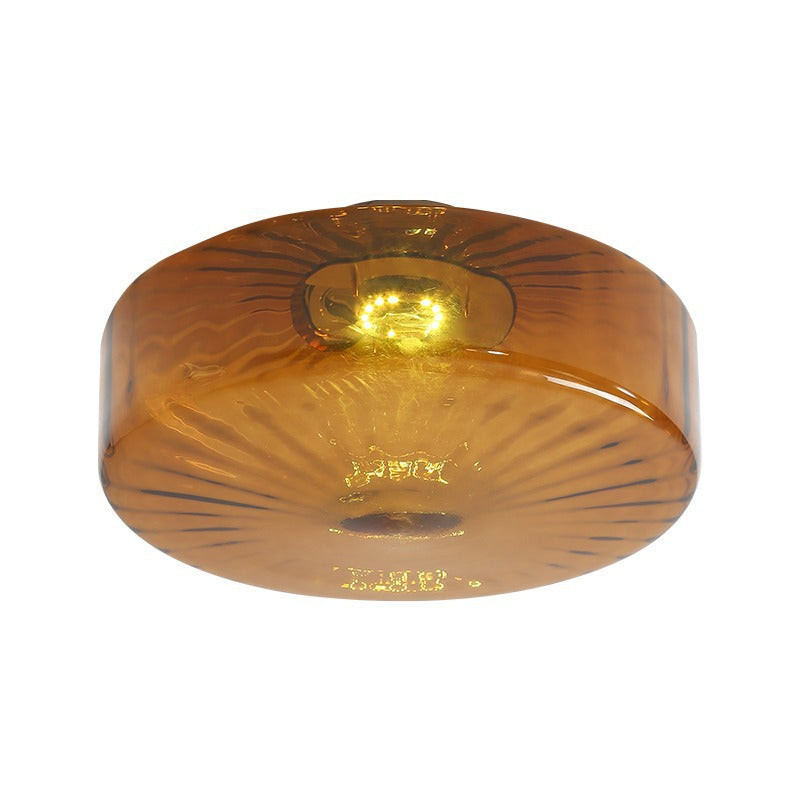 Flush Ceiling Light | Vintage Amber Ribbed Glass Lamp for Hallway, Bedroom, Kitchen & Landing | Retro Corrugated Shade, 3-Colour LED, 20cm or 28cm