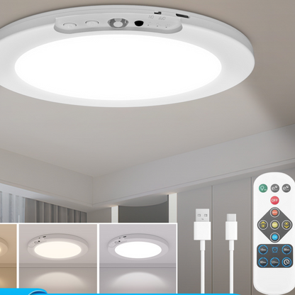 Rechargeable Ceiling Light | Motion Sensor LED Panel for Wardrobe, Cupboard, Loft, Garage & Hallway | No Wiring, Remote, 3 Light Colours, 19cm