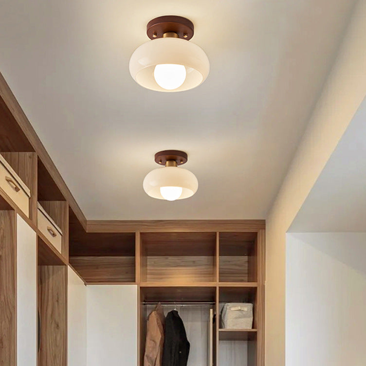 Flush Ceiling Light | French Cream Glass Ceiling Lamp with Walnut Trim for Hallway, Bedroom & Landing | 20cm or 28cm, Warm, Neutral or 3-Colour LED