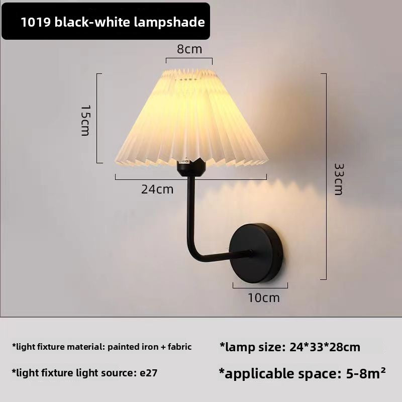 Wall Light | Pleated Fabric Shade Sconce with Curved Arm for Bedside, Bedroom & Living Room | Black or Brass, White or Apricot, E27
