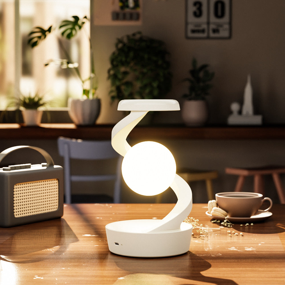 Floating Desk Lamp with Wireless Charger | Spiral RGB Night Light for Bedside, Desk & Gaming Setup | USB Powered, 5W Charging Pad, White or Grey, 22cm