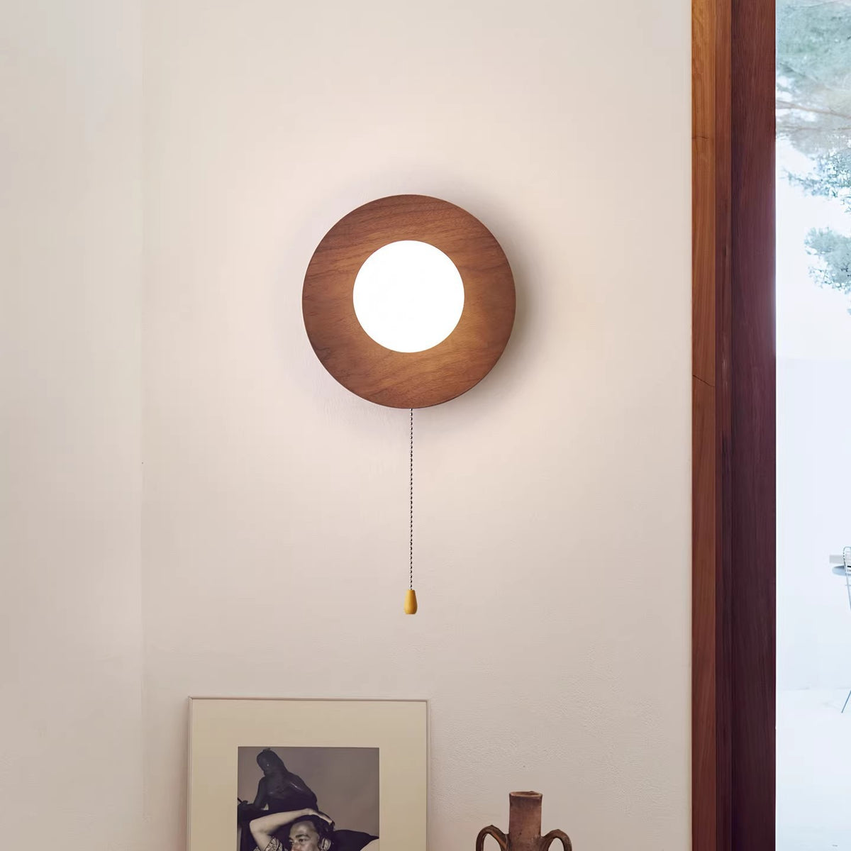 Wall Light | Walnut-Finish Wood Disc Sconce with Pull Cord Switch for Bedside, Hallway & Reading Nook | Opal Glass Globe, Warm LED, 20cm