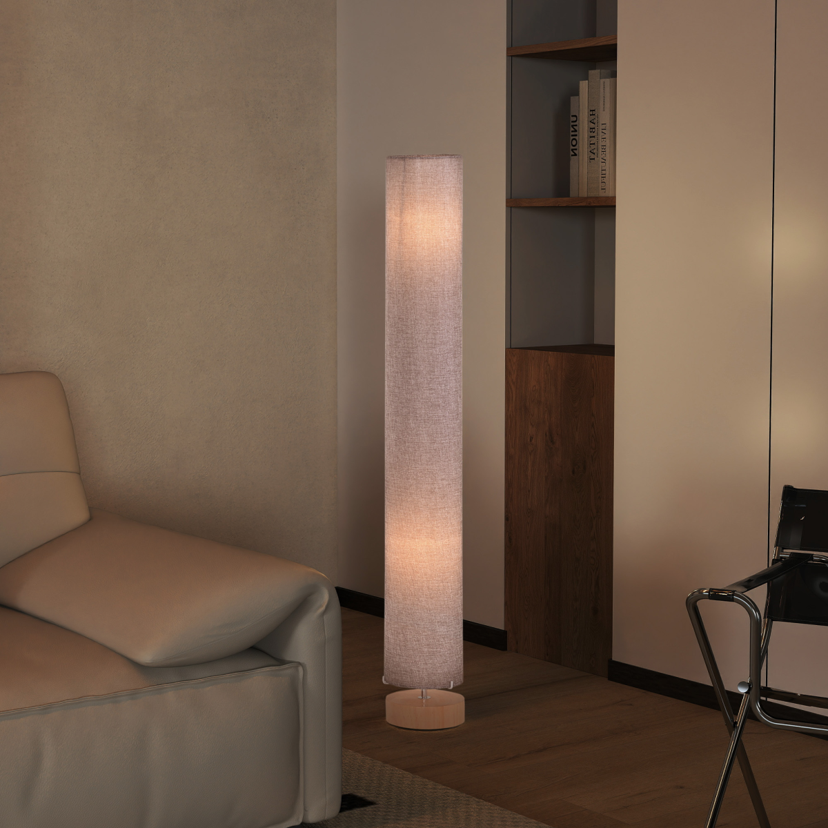 Floor Lamp | Column Standing Lamp with Grey Linen Shade & Wooden Base for Living Room, Bedroom & Hallway | 120cm, 2 × E27, Inline Switch