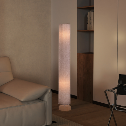 Floor Lamp | Column Standing Lamp with Grey Linen Shade & Wooden Base for Living Room, Bedroom & Hallway | 120cm, 2 × E27, Inline Switch
