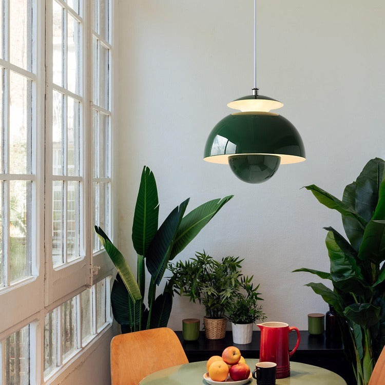 Pendant Light | Bauhaus Metal Bud Lamp for Dining Table, Kitchen & Bedroom | Mid-Century Retro, Black, White, Orange or Green, 3-Colour LED, 25cm