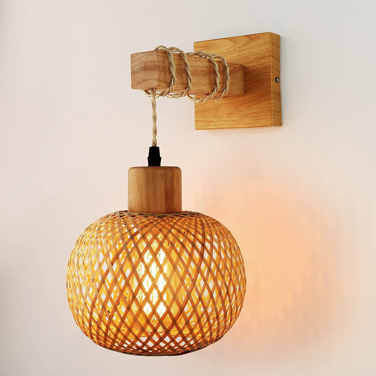 Woven Bamboo Wall Sconce with Wooden Arm for Bedroom, Bedside & Living Room – photo 7