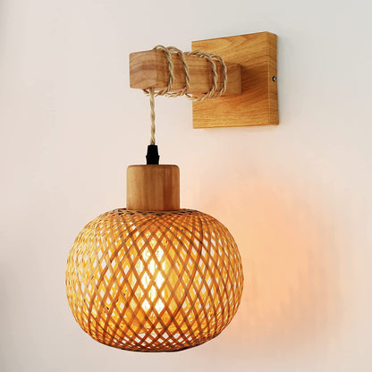 Woven Bamboo Wall Sconce with Wooden Arm for Bedroom, Bedside & Living Room – photo 7