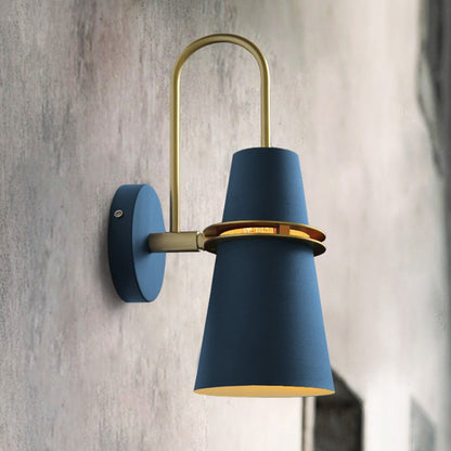 Deep blue cone wall light with brass ring