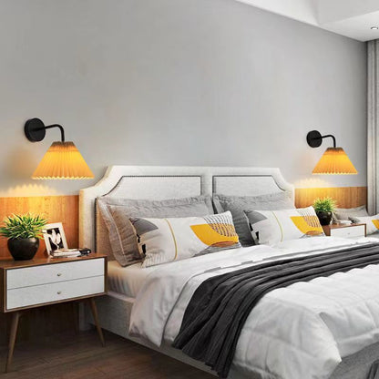 Wall Light | Pleated Fabric Shade Sconce with Curved Arm for Bedside, Bedroom & Living Room | Black or Brass, White or Apricot, E27