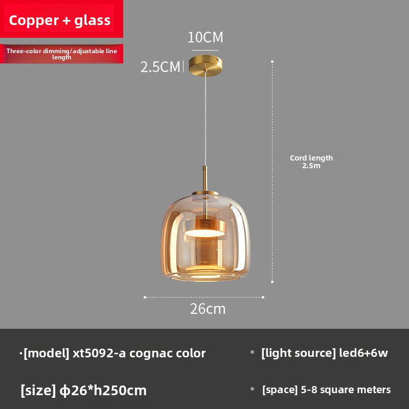 Pendant Light | Cognac or Smoke Grey Glass Halo Lamp for Kitchen Island, Dining Table & Bedside | Double-Layer Glass Dome, 3-Colour LED, 2.5m Cord