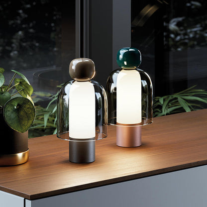 Rechargeable Table Lamp | Cordless Glass Bell Lamp for Dining Table, Bar & Bedside | Smoky Grey or Cognac Glass, Pink or Blue Top, Dimmable, 32cm