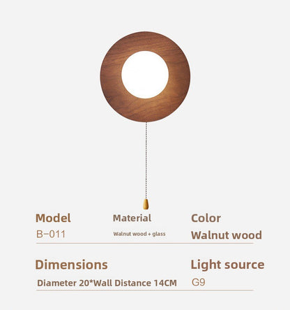 Wall Light | Walnut-Finish Wood Disc Sconce with Pull Cord Switch for Bedside, Hallway & Reading Nook | Opal Glass Globe, Warm LED, 20cm
