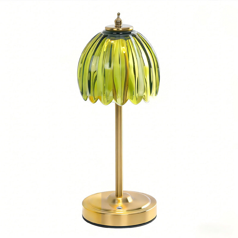 Rechargeable Table Lamp | Cordless Glass Flower Bedside Lamp for Bedroom & Dining | Touch Dimmable, Gold Stem, Green, Amber, White or Clear Glass