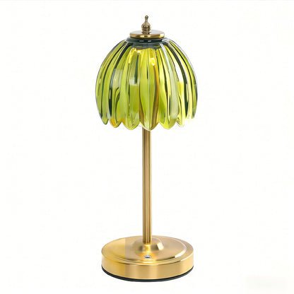 Rechargeable Table Lamp | Cordless Glass Flower Bedside Lamp for Bedroom & Dining | Touch Dimmable, Gold Stem, Green, Amber, White or Clear Glass