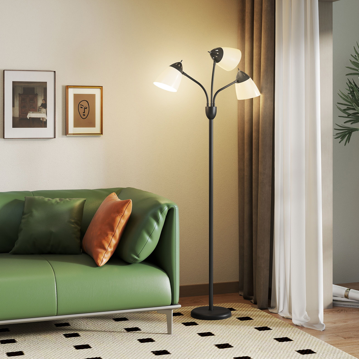 Floor Lamp | 3-Light Arc Tree Standing Lamp for Living Room, Reading Corner & Office | Adjustable Heads, Black Steel, 155cm, E27