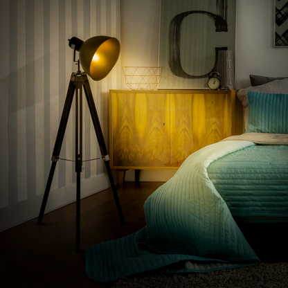 Floor Lamp | Retro Tripod Spotlight Lamp for Living Room, Bedroom & Office | Black Metal Shade, Pine Wood Legs, Adjustable 108–152cm, E27