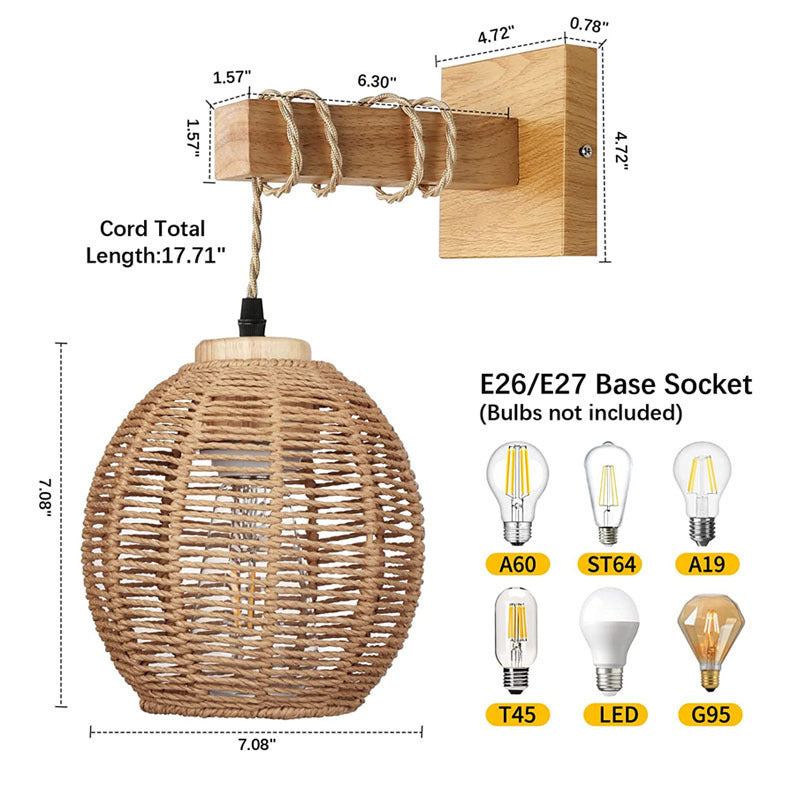 Woven Bamboo Wall Sconce with Wooden Arm for Bedroom, Bedside & Living Room – photo 4
