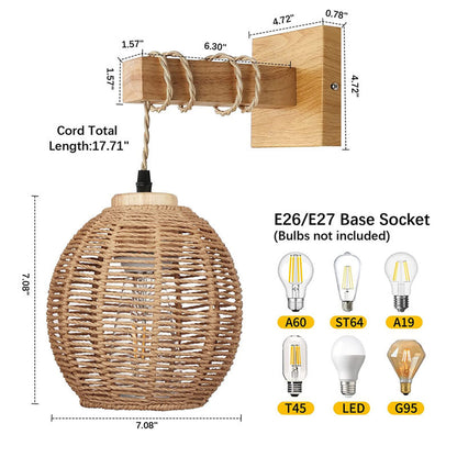 Woven Bamboo Wall Sconce with Wooden Arm for Bedroom, Bedside & Living Room – photo 4