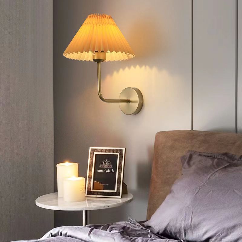 Wall Light | Pleated Fabric Shade Sconce with Curved Arm for Bedside, Bedroom & Living Room | Black or Brass, White or Apricot, E27