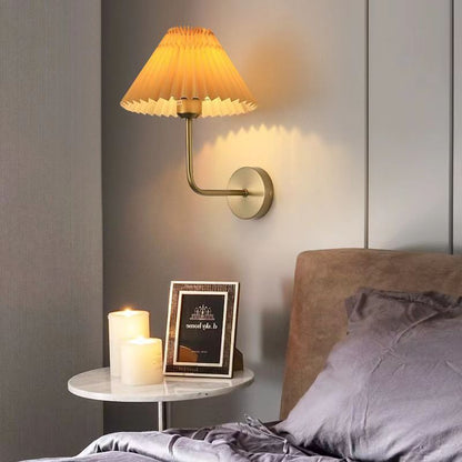 Wall Light | Pleated Fabric Shade Sconce with Curved Arm for Bedside, Bedroom & Living Room | Black or Brass, White or Apricot, E27
