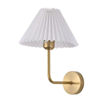 Wall Light | Pleated Fabric Shade Sconce with Curved Arm for Bedside, Bedroom & Living Room | Black or Brass, White or Apricot, E27