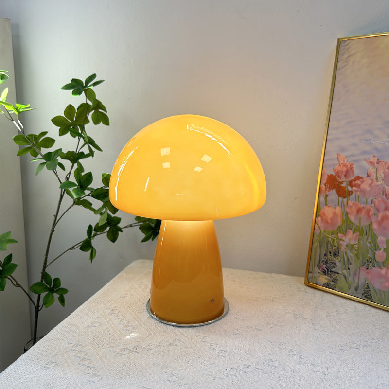 Mushroom Table Lamp | Glass Bedside Lamp for Bedroom, Living Room & Desk | Retro Orange or Opal White Glass, 28cm, Warm LED, UK Plug