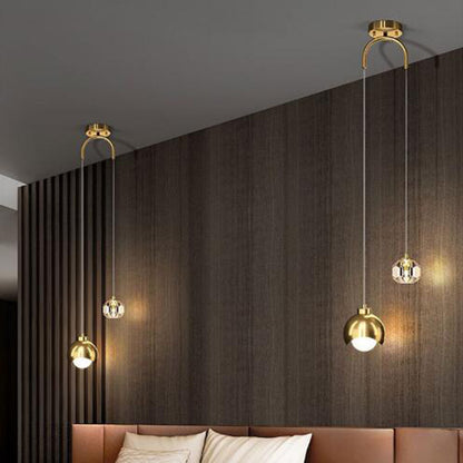 Pendant Light | Two-Light Bedside Lamp with Crystal Drop for Bedroom, Hallway & Stairwell | Black or Gold Metal Dome, G9 + E27, Bulbs Optional, 2m