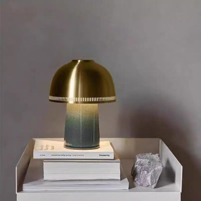 Rechargeable Table Lamp | Ceramic Mushroom Lamp with Metal Dome Shade for Bedroom, Study & Dining | Cordless 3-Colour Touch LED, 16 × 21cm