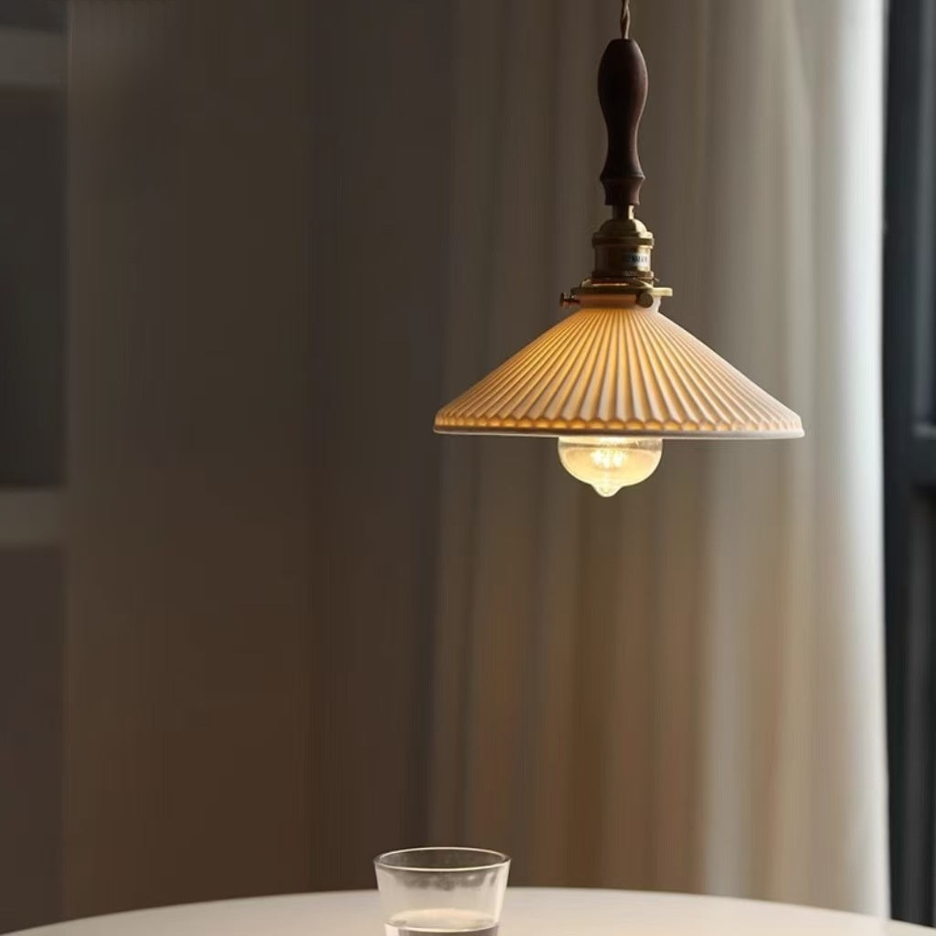 Pendant Light | Japanese Pleated Ceramic Lamp with Walnut or Brass Top for Kitchen Island, Dining Table & Bedside | White Ribbed Shade, 22.5cm