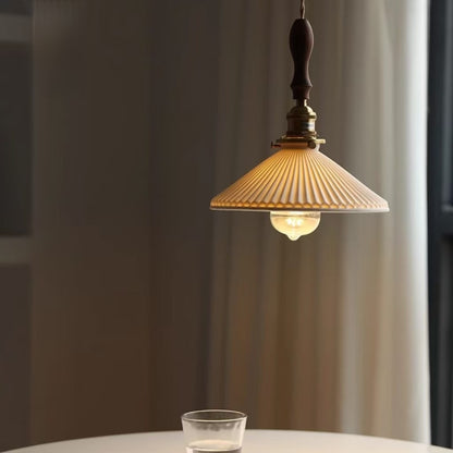 Pendant Light | Japanese Pleated Ceramic Lamp with Walnut or Brass Top for Kitchen Island, Dining Table & Bedside | White Ribbed Shade, 22.5cm
