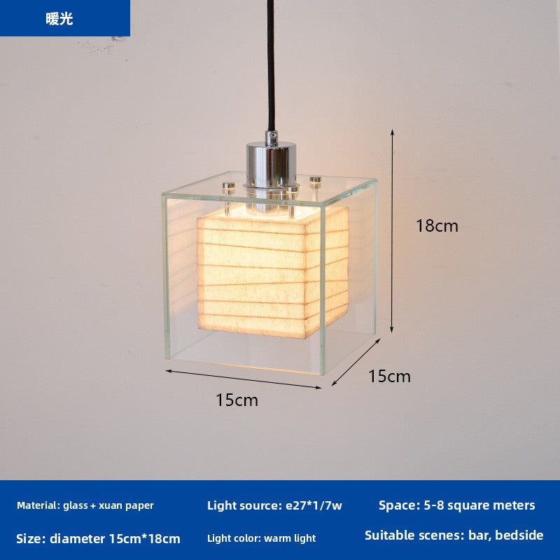 Pendant Light | Glass & Paper Cube Lamp for Bedside, Bar & Kitchen Island | Japandi Clear Glass Box with Rice-Paper Shade, E27 LED, 15cm x 18cm