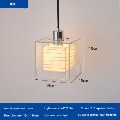 Pendant Light | Glass & Paper Cube Lamp for Bedside, Bar & Kitchen Island | Japandi Clear Glass Box with Rice-Paper Shade, E27 LED, 15cm x 18cm