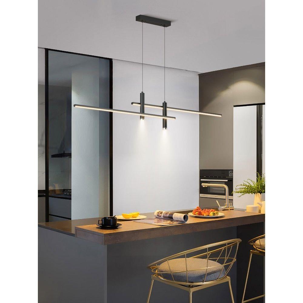 Dining Room Pendant Light | Modern Nordic LED Chandelier for Dining Table, Kitchen & Bar | 90cm Black or Gold Linear Bar, 26W Warm White or 3-Colour