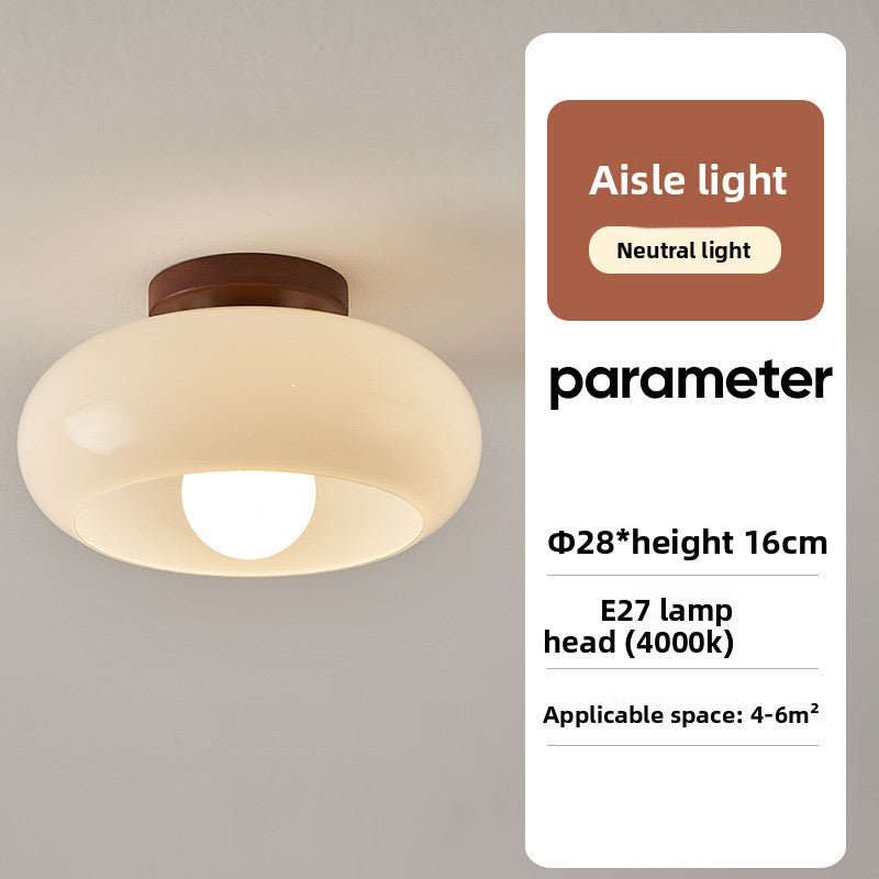 Flush Ceiling Light | French Cream Glass Ceiling Lamp with Walnut Trim for Hallway, Bedroom & Landing | 20cm or 28cm, Warm, Neutral or 3-Colour LED
