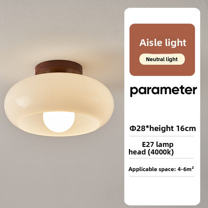 Flush Ceiling Light | French Cream Glass Ceiling Lamp with Walnut Trim for Hallway, Bedroom & Landing | 20cm or 28cm, Warm, Neutral or 3-Colour LED