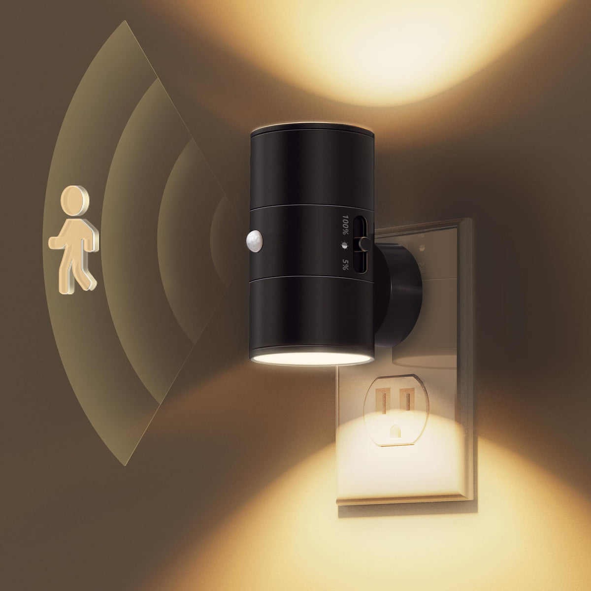 Plug-In Night Light | Motion Sensor LED Wall Light for Hallway, Landing, Bedroom & Nursery | Warm White, Black or White, Single or Twin Pack, UK Plug