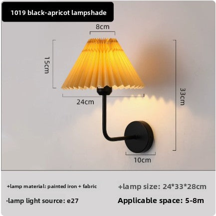 Wall Light | Pleated Fabric Shade Sconce with Curved Arm for Bedside, Bedroom & Living Room | Black or Brass, White or Apricot, E27