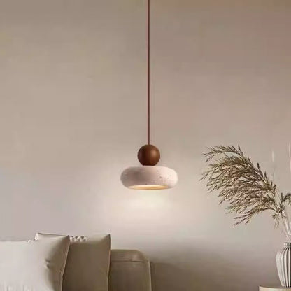 Pendant Light | Travertine Stone Saucer Lamp for Bedside, Hallway & Kitchen | Japandi Wabi Sabi, Walnut or Natural Wood, Warm or 3-Colour LED, 15cm