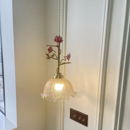 Pendant Light | French Rose Glass Bedside Lamp for Bedroom, Hallway & Dressing Room | Vintage Brass Floral, Ribbed Shade, E27 Bulb Included, 22cm