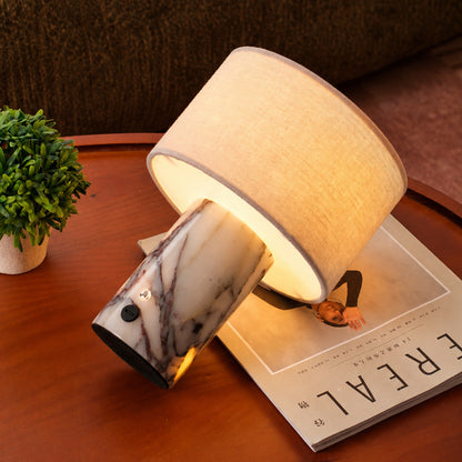 Rechargeable Table Lamp | Cordless Marble Bedside Lamp with Linen Drum Shade for Bedroom, Living Room & Dining | Touch Dimmable LED, 4 Finishes