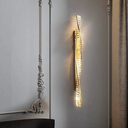 Wall Light | Twisted Crystal Gold LED Sconce for Living Room, Hallway & Bedroom | Modern Linear Wall Lamp, 3 Light Colours, 50cm
