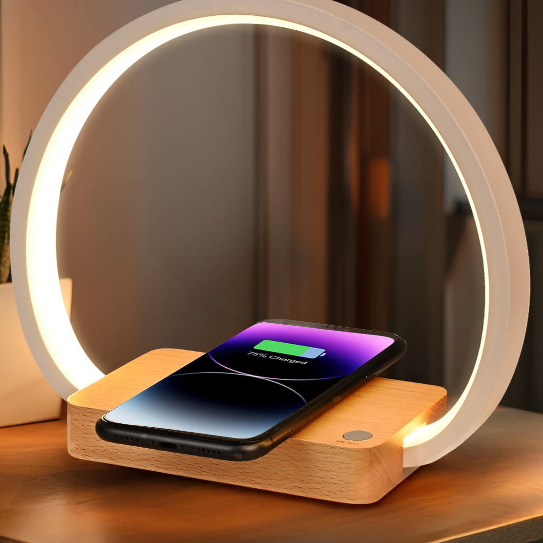 Night Light with Wireless Charger | Touch Bedside Lamp with Phone Charging Pad for Bedroom & Desk | USB Powered, Warm White, Bamboo & White Arch